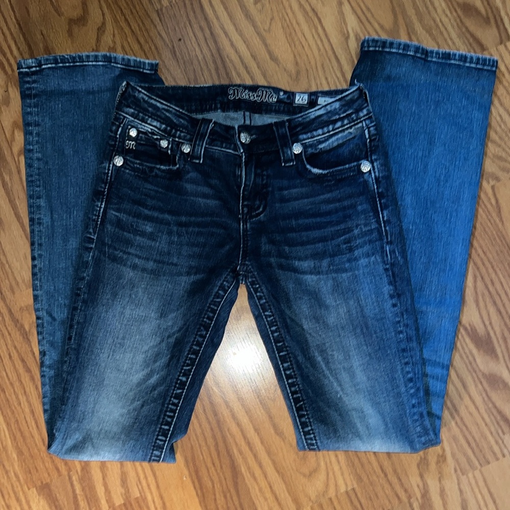 Lot 2 Miss Me Jeans womens 26 bedazzled embroidered pockets boot cut jeans pants - Picture 2 of 7